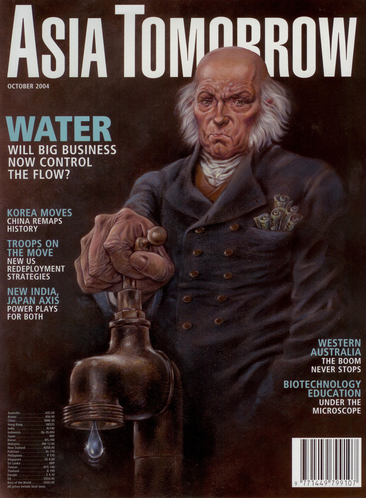 Illustration of an elderly man in a dark coat turning a metal water tap with a single drop falling.