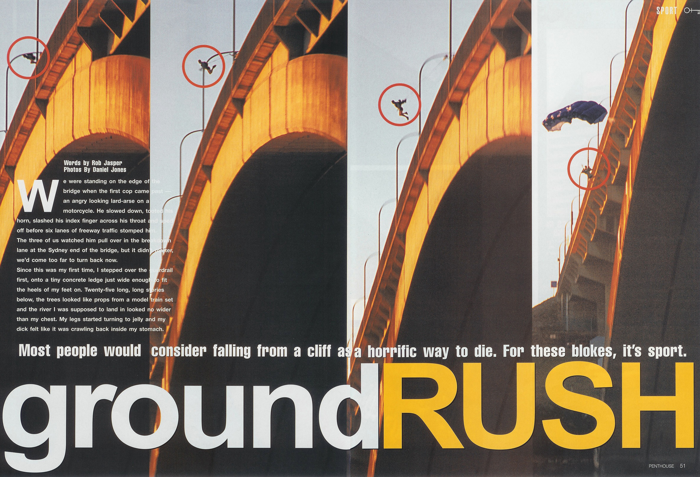 A sequence of images showing a BASE jumper leaping from a large concrete bridge arch into a free fall.
