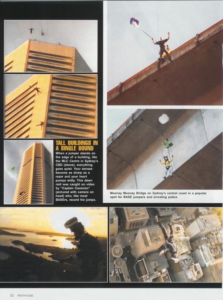 Multiple views of BASE jumpers leaping from a skyscraper and jumping off the Mooney Mooney Bridge in Sydney.