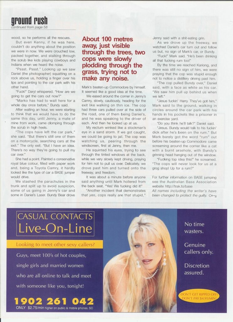 Page from Penthouse magazine featuring "ground rush" article and a "Casual Contacts Live-On-Line" advertisement.