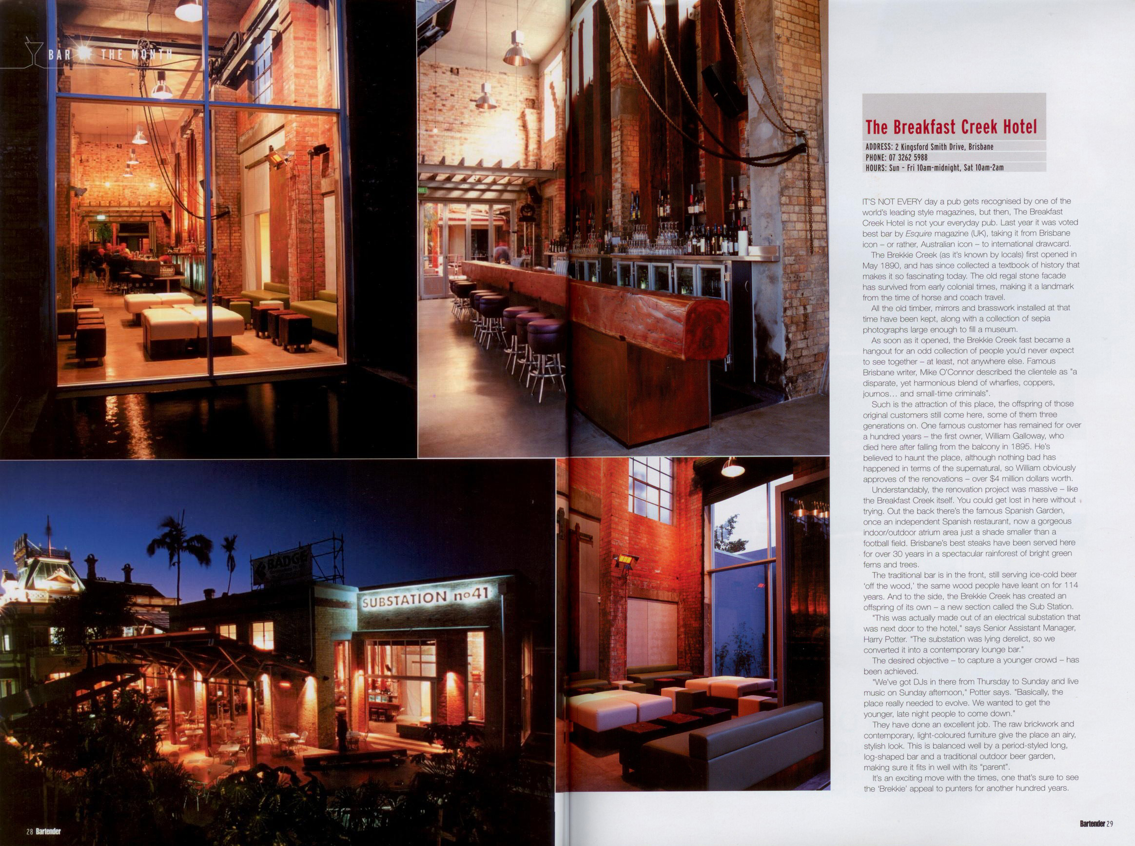 Industrial-style interior of Substation No. 41 bar at Breakfast Creek Hotel, Brisbane, featuring brick walls and lounge seating.
