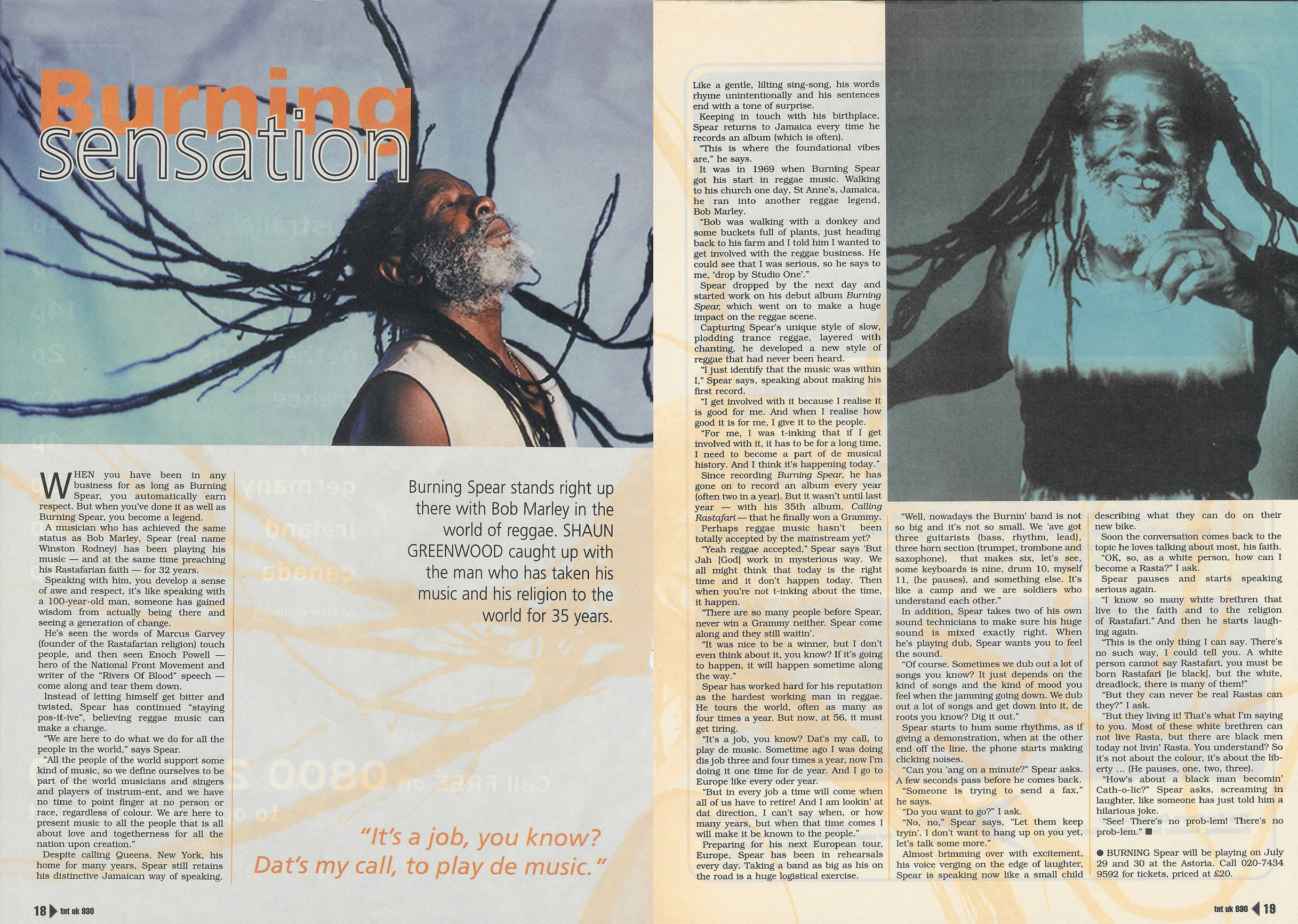 Reggae artist Burning Spear with long dreadlocks in a magazine feature titled Burning Sensation.