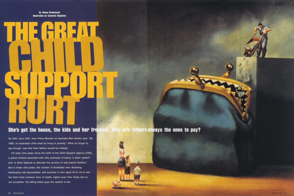 Magazine spread for "The Great Child Support Rort" with an illustration of a woman and children next to a giant coin purse.