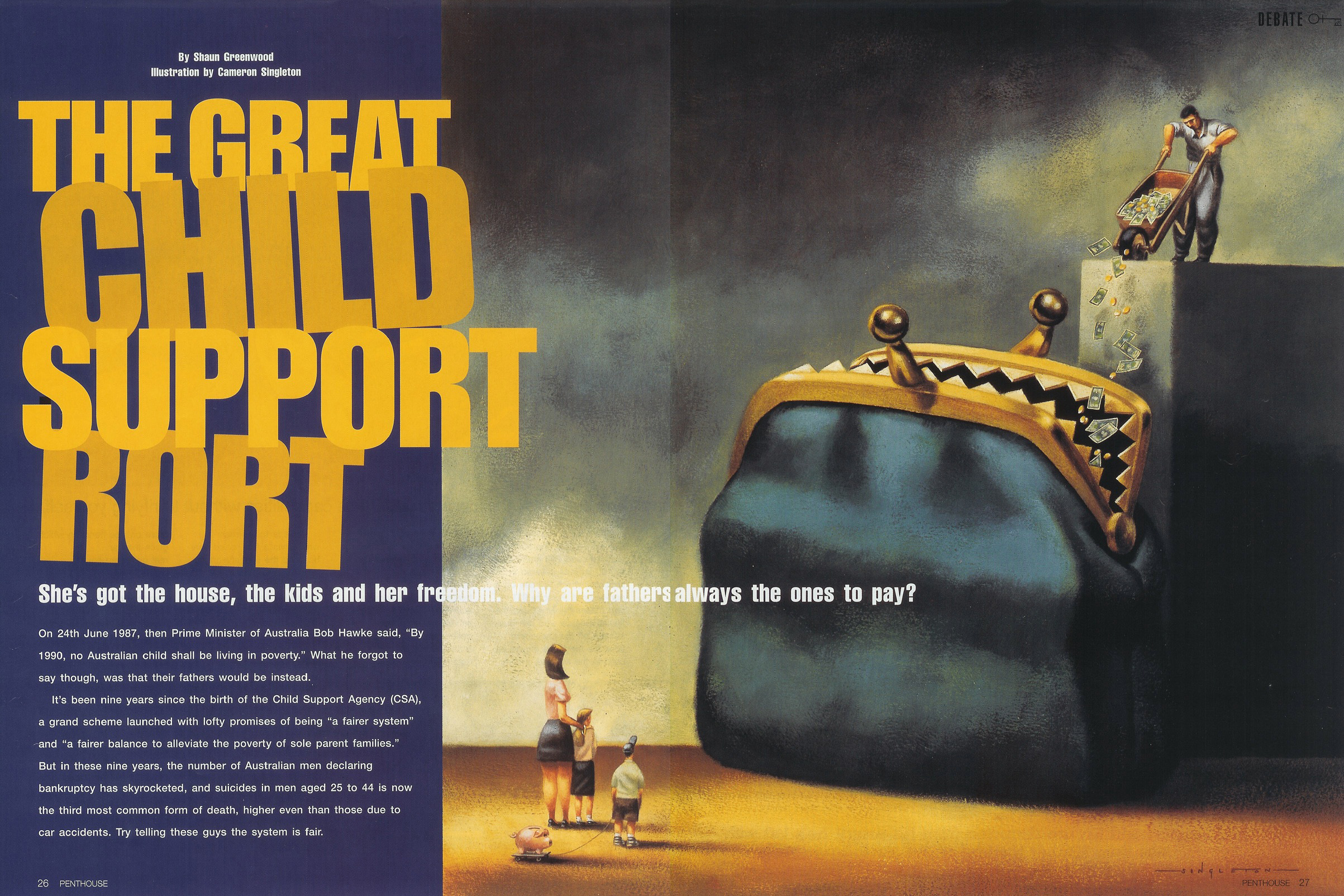Magazine spread for "The Great Child Support Rort" with an illustration of a woman and children next to a giant coin purse.