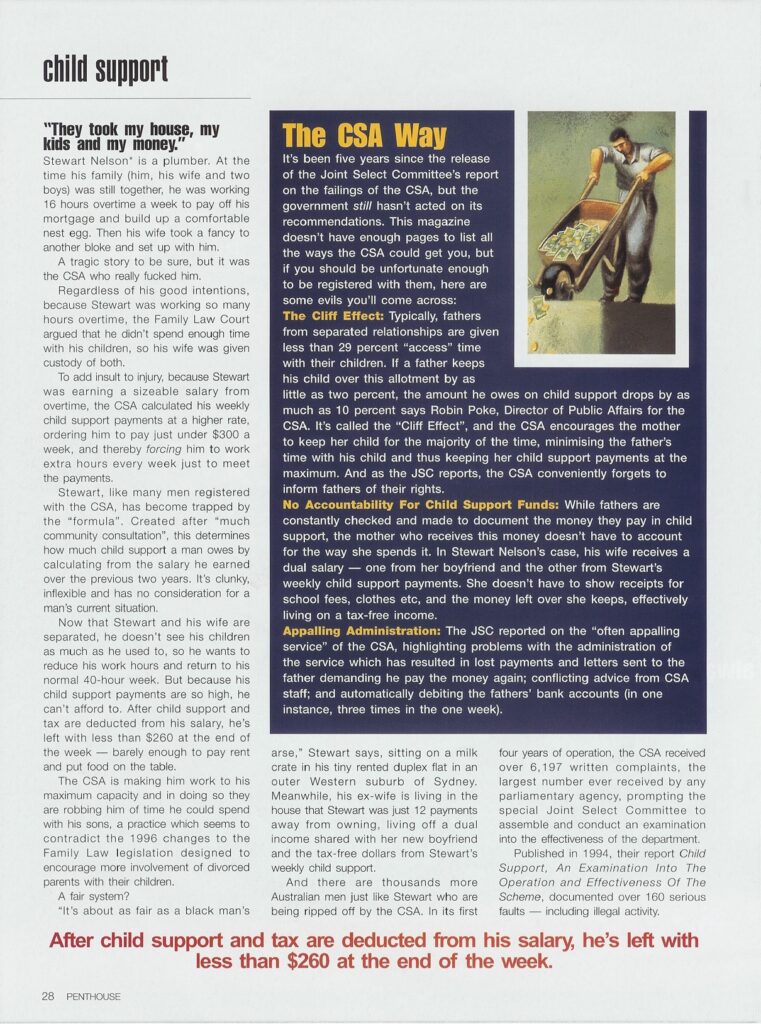 Article titled "The CSA Way" detailing the failings of the Child Support Agency, featuring a man with a wheelbarrow.