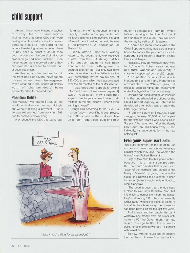 Article section titled "Phantom Debts" about the CSA, including a cartoon of a man with an exaggerated extension at a tax desk.