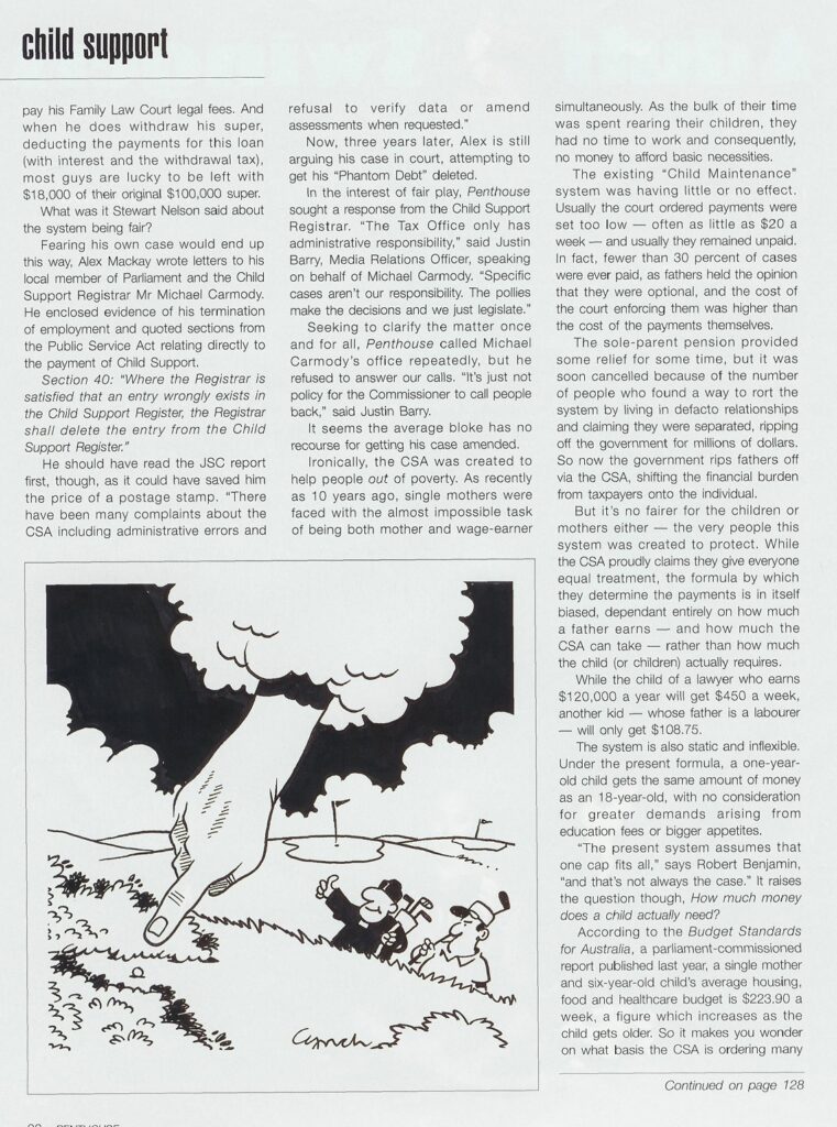 Magazine page discussing child support policy, featuring a political cartoon of a large hand pointing at a person on a golf course.