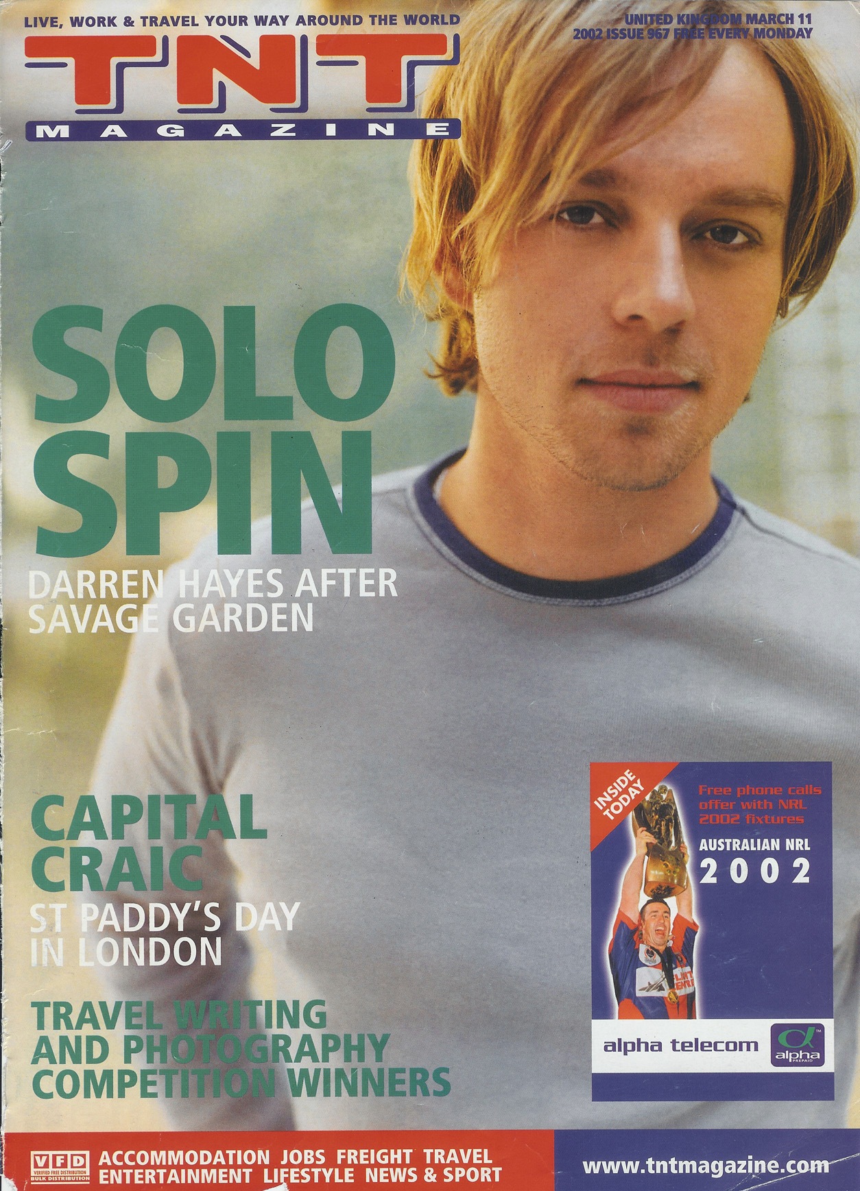 Close-up portrait of Darren Hayes on the cover of TNT Magazine, featuring headlines about his solo music career.