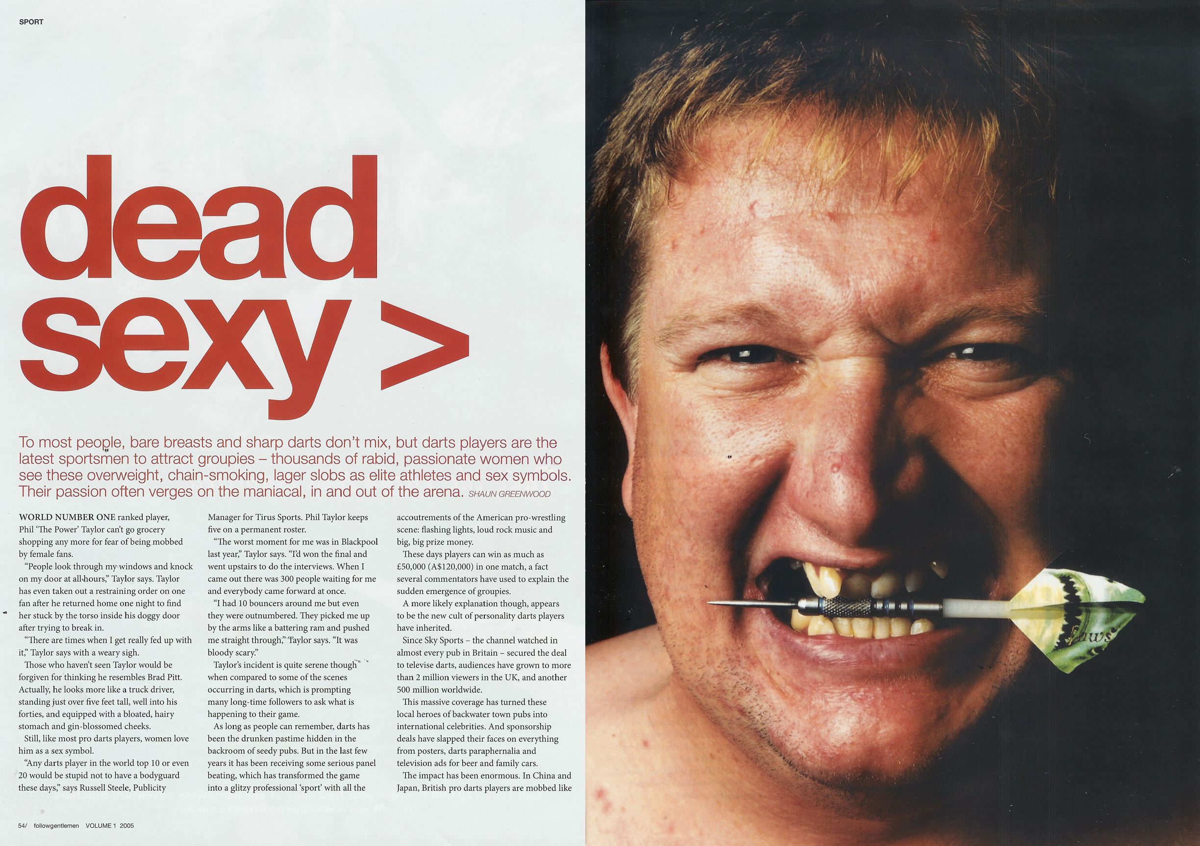Magazine spread titled "dead sexy" featuring a man holding a dart between his teeth and text about darts groupies.