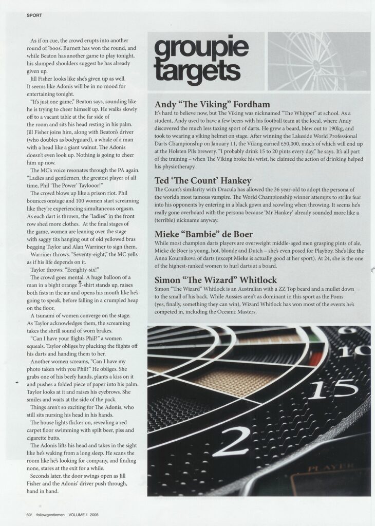 Magazine spread with text about darts players, featuring a close-up of a dartboard showing the numbers 15, 2, and 10.