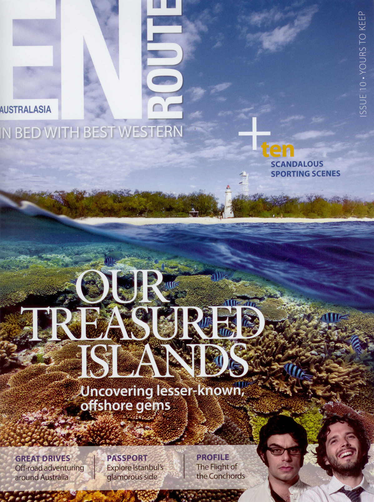 Split view of a tropical island beach with a lighthouse above water and a vibrant coral reef with fish below.