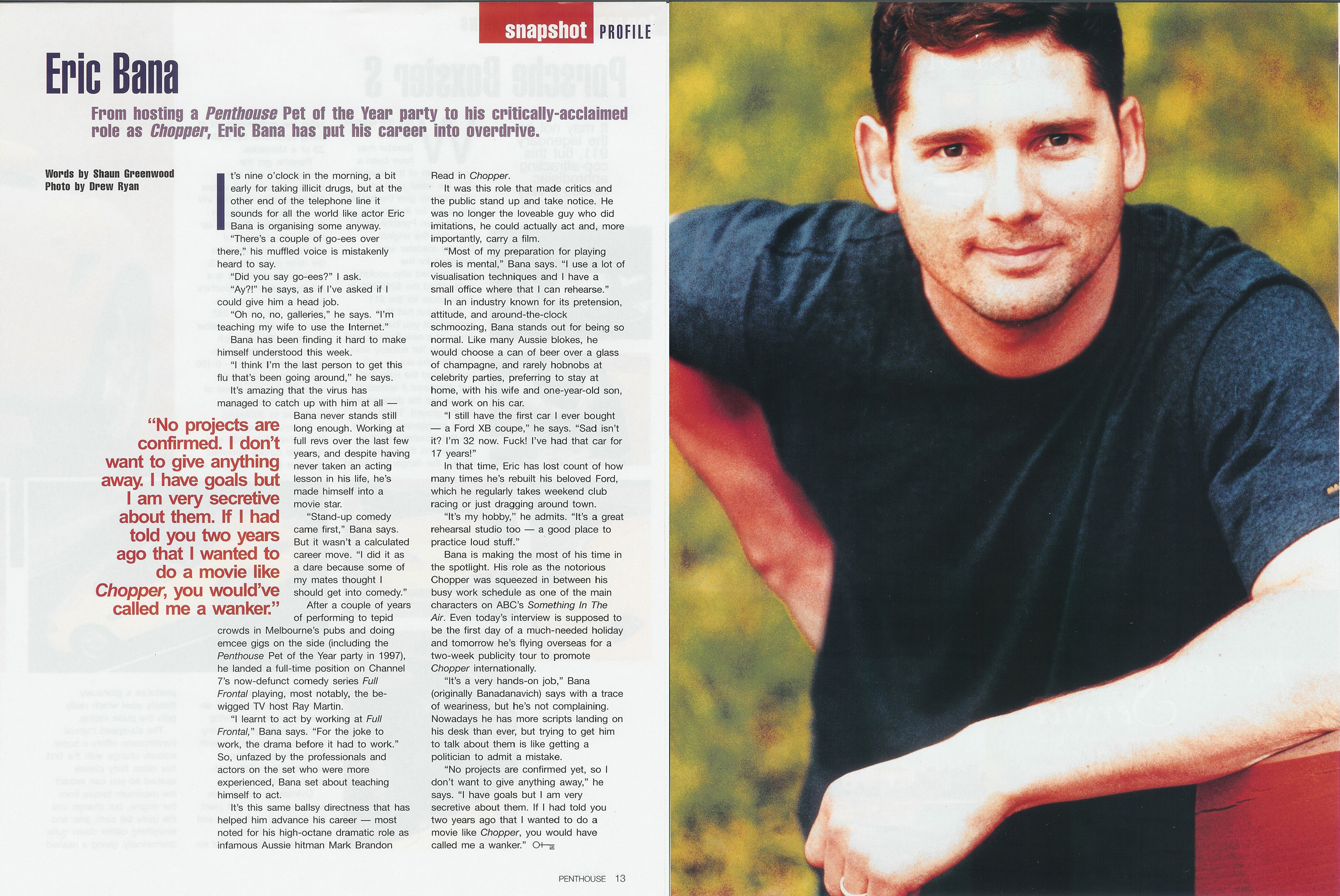 Eric Bana profile feature with portrait and article text about his career transition from comedy to Chopper.