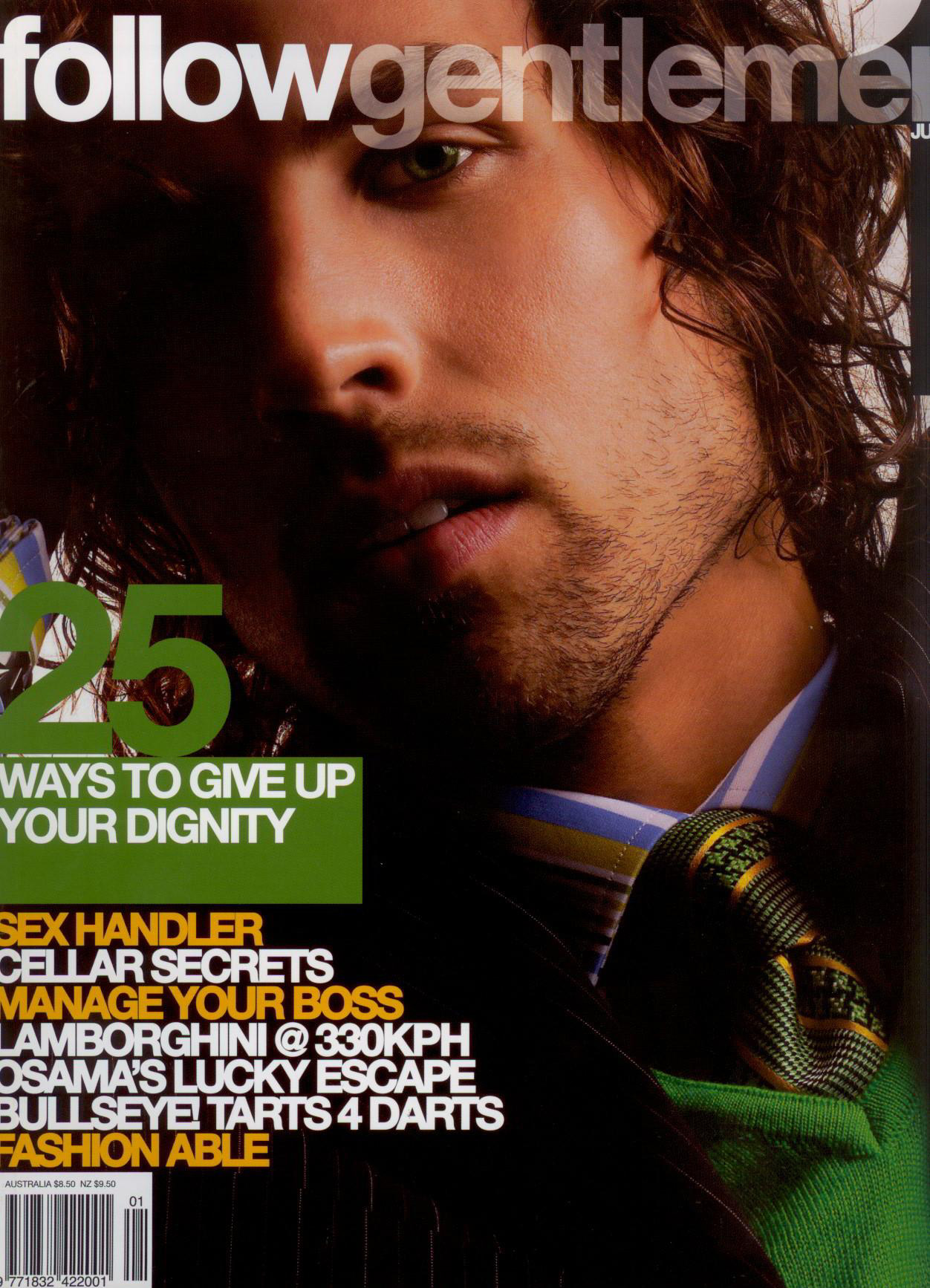 Close-up of a man with wavy hair and stubble on a Follow Gentlemen magazine cover featuring various headline teasers.