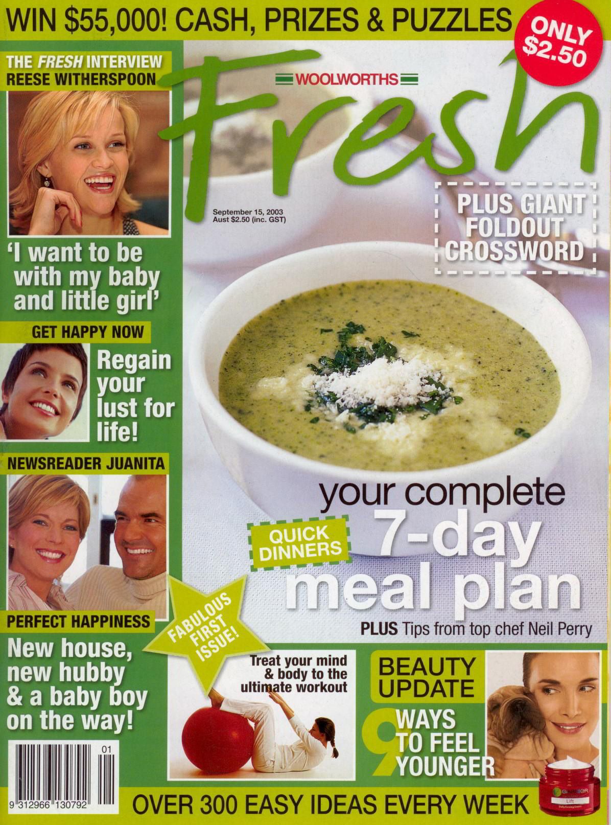 Woolworths Fresh magazine cover featuring Reese Witherspoon, a bowl of soup, and a 7-day meal plan headline.