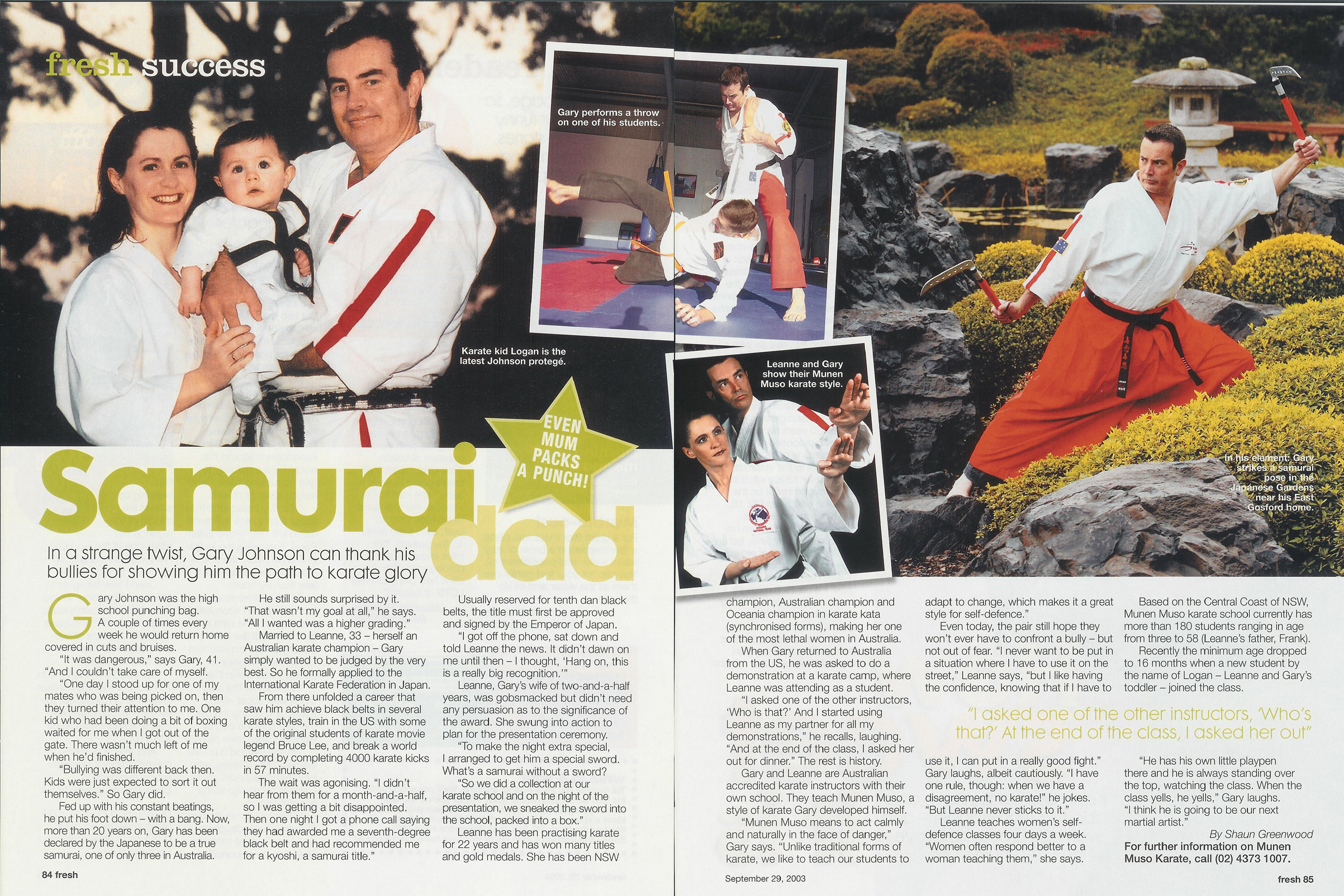 A family in white karate gis, a man performing a throw, a couple posing, and a man with a sword in a garden.