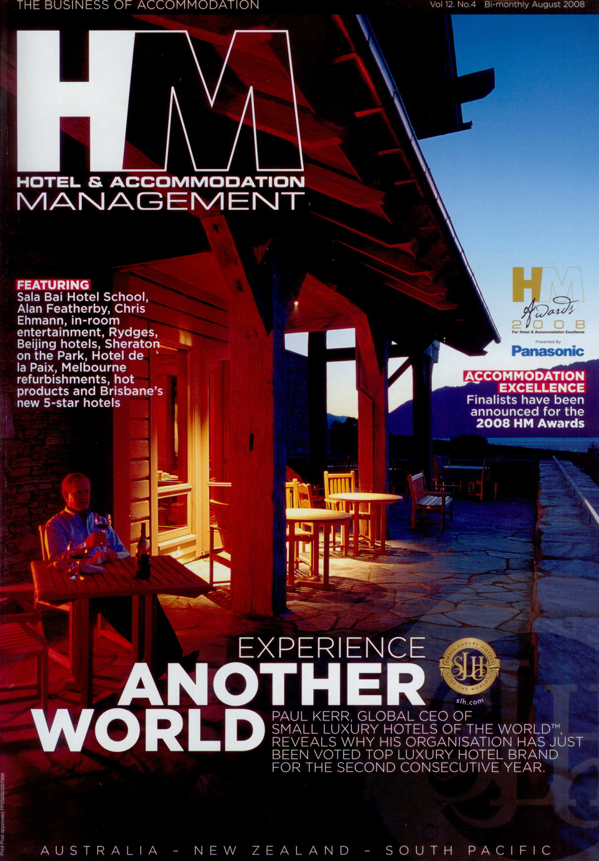 HM Hotel & Accommodation Management magazine cover from August 2008 showing a man dining at a luxury resort patio.