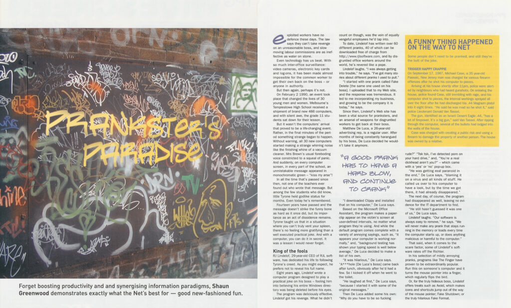Magazine feature "Prankster's Paradise" with a large graffiti-covered wall and yellow sidebar text boxes.