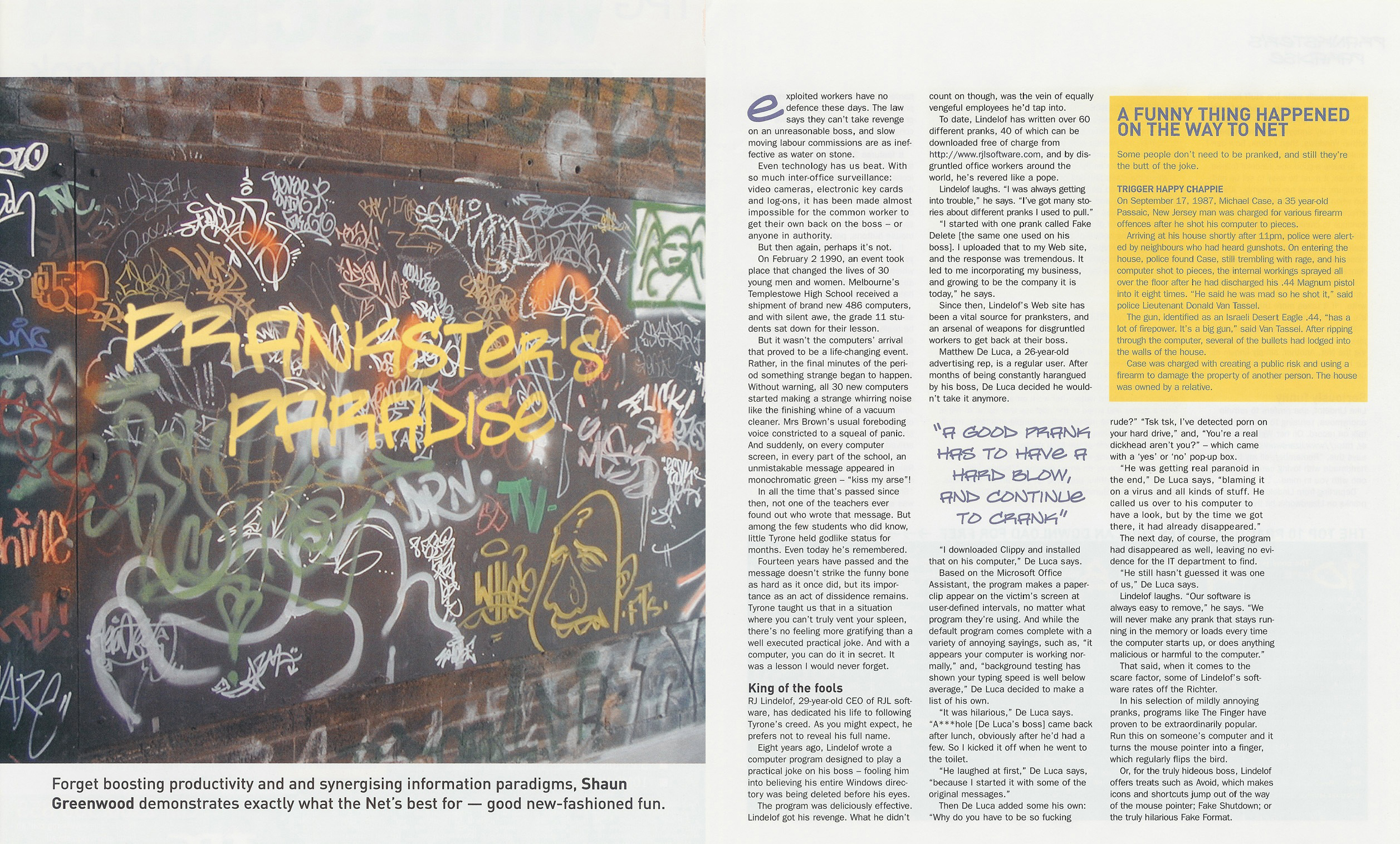 Magazine feature "Prankster's Paradise" with a large graffiti-covered wall and yellow sidebar text boxes.