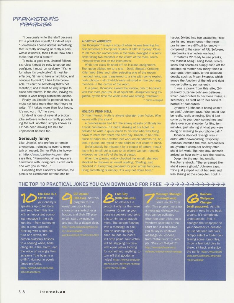 Magazine spread titled "Prankster's Paradise" detailing software pranks and humorous internet anecdotes in a grid.