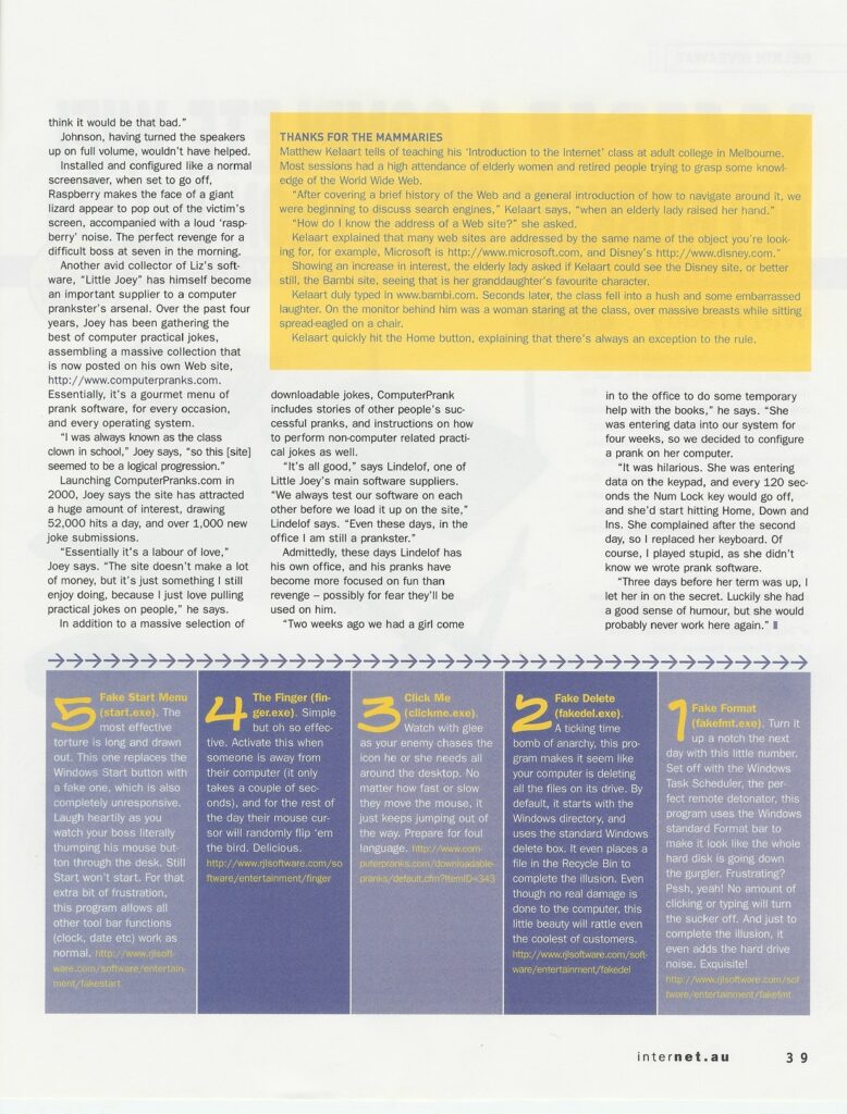 Magazine page featuring "The Top 10 Practical Jokes" list with colorful numbered blocks and software descriptions.