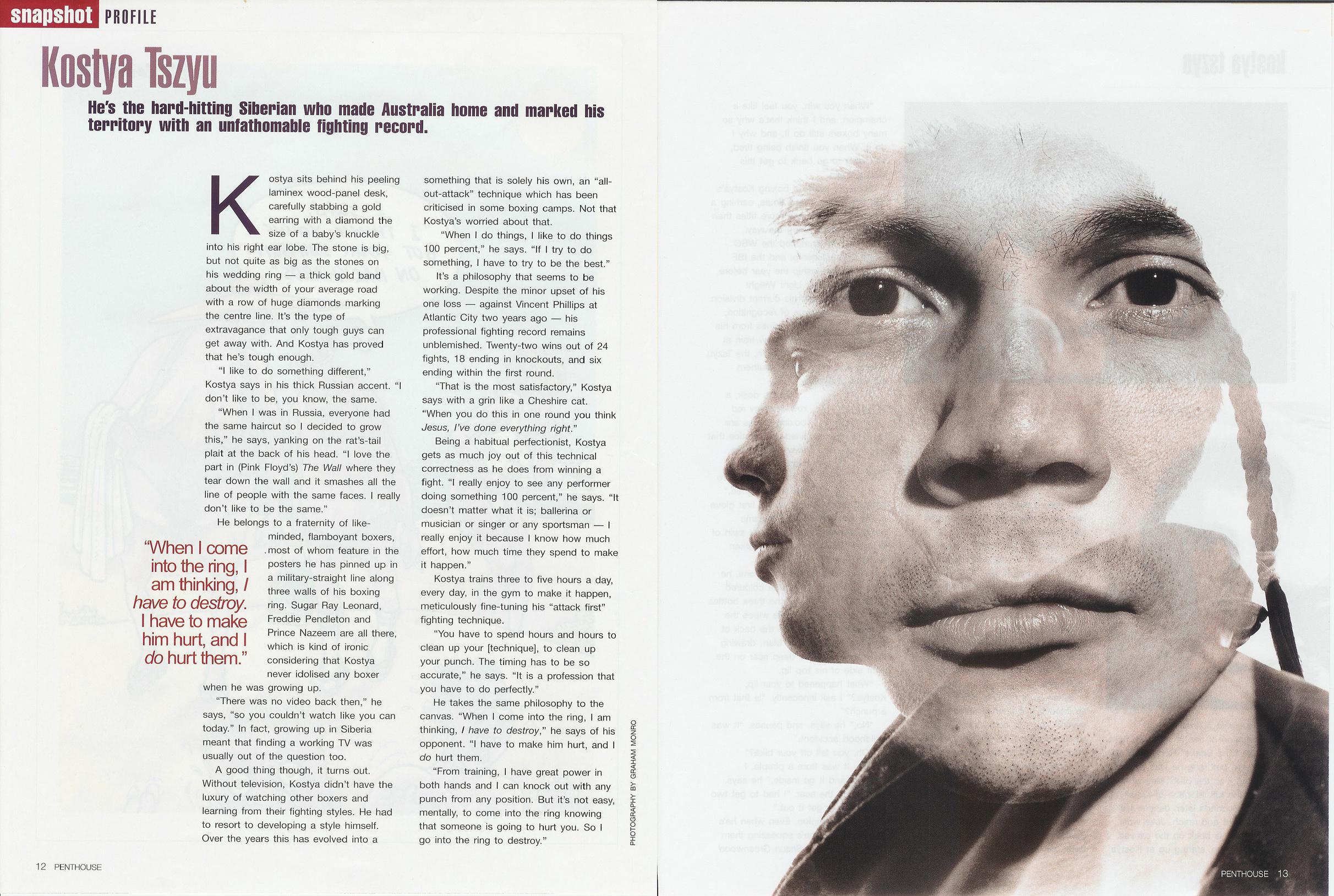 Close-up artistic double exposure portrait of boxer Kostya Tszyu featuring his face and signature rat-tail braid.