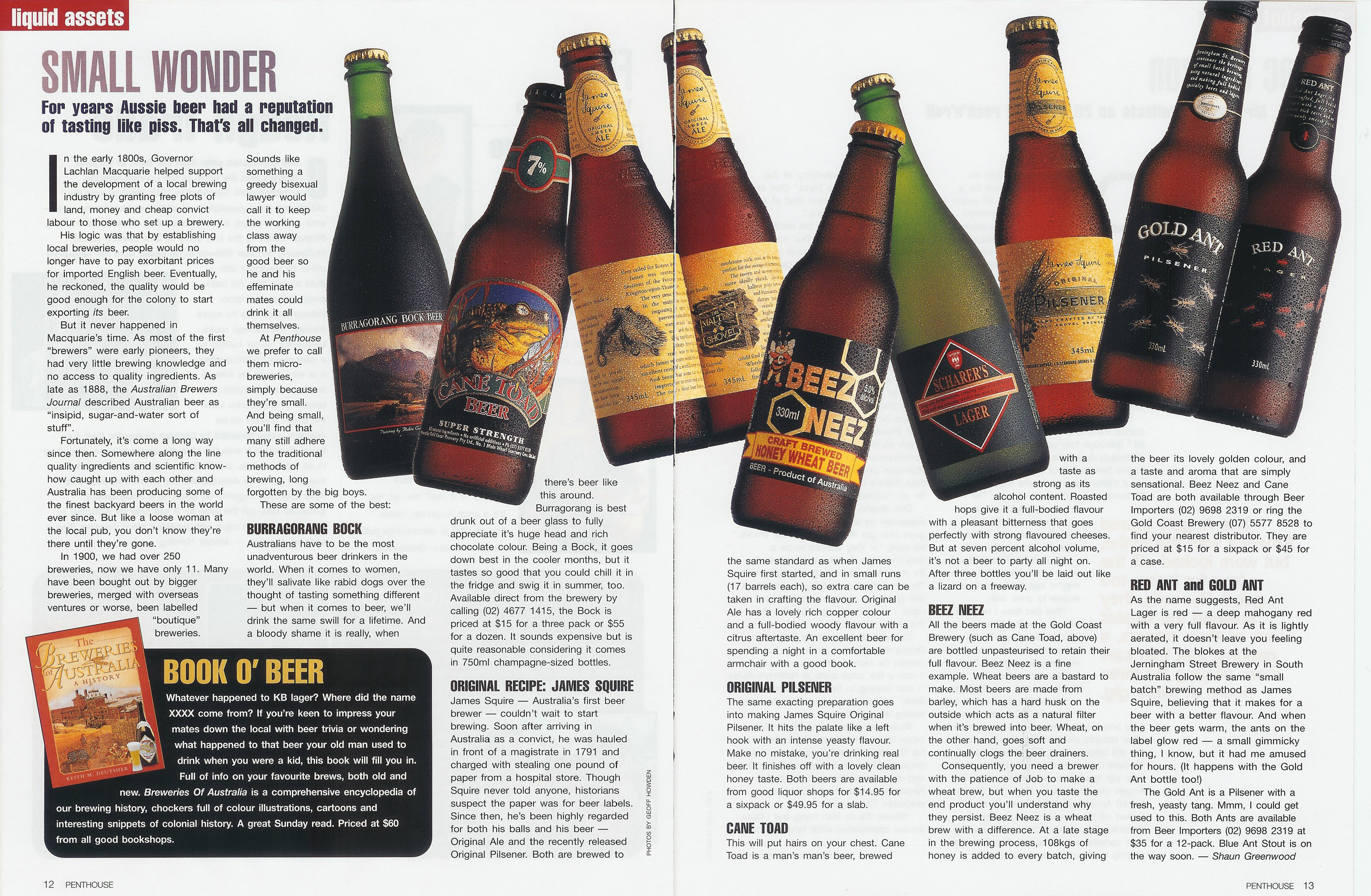 A spread from Penthouse magazine featuring various Australian craft beer bottles and an article titled "Small Wonder."