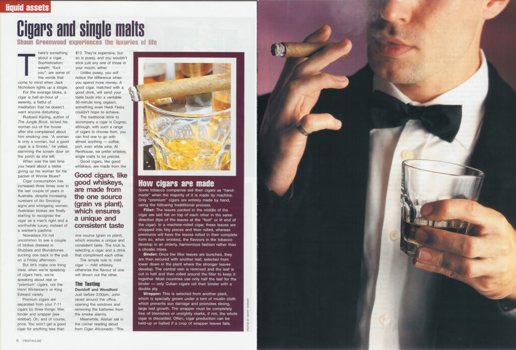A man in a tuxedo holding a lit cigar and a glass of whiskey, next to an article about premium cigar pairings.