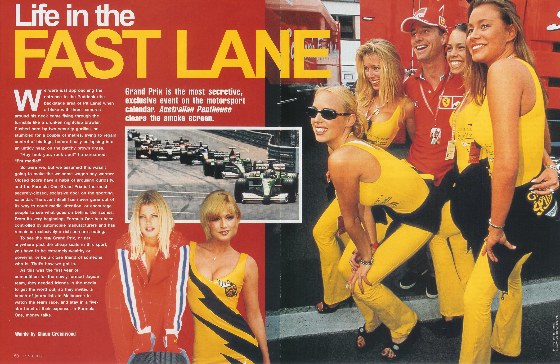 "Life in the Fast Lane" title over a photo of a Ferrari driver laughing with four women in yellow racing outfits.