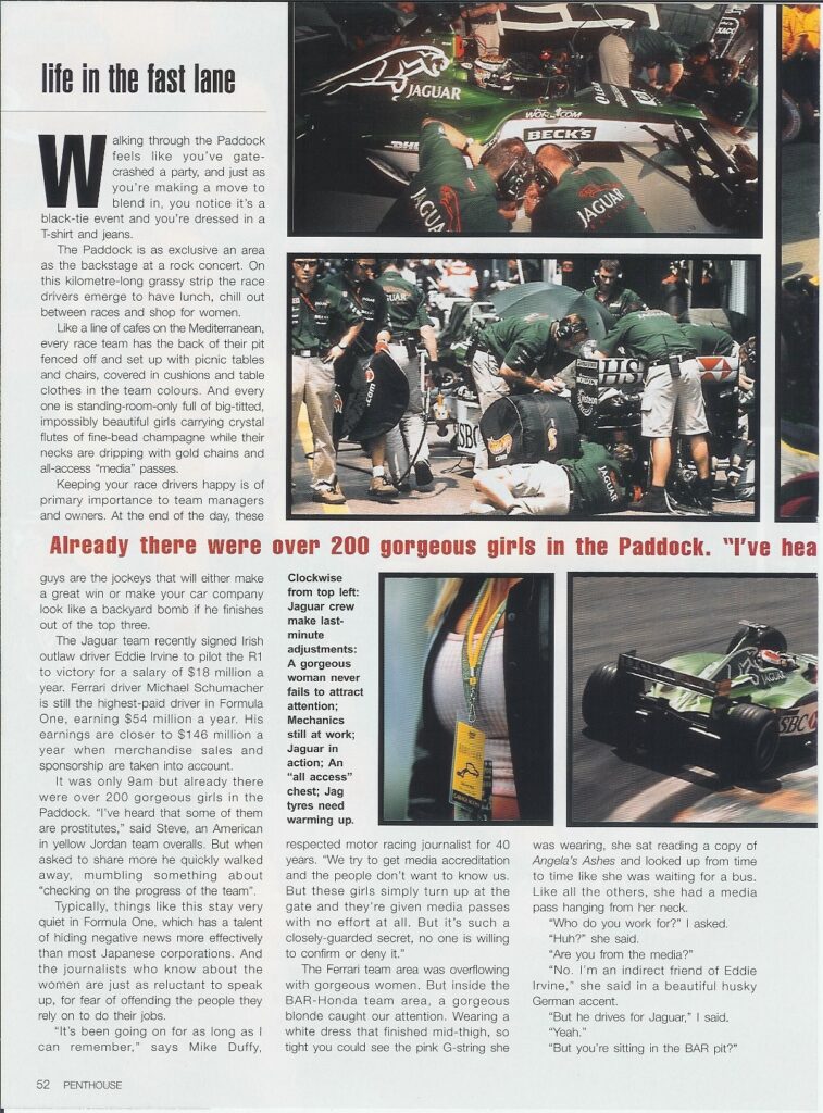 A collage showing Jaguar racing crew working on a car, a close-up of a woman's media pass, and a green race car on track.