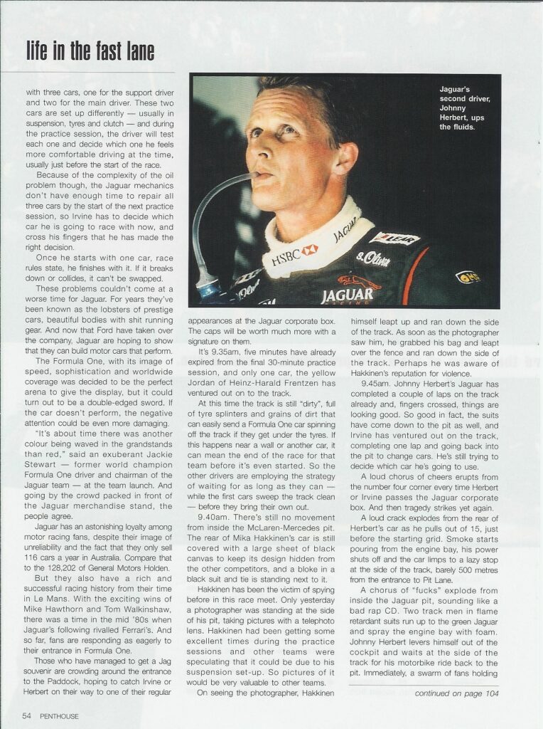 aguar driver Johnny Herbert in racing gear drinks through a tube while text describes his race day preparation.