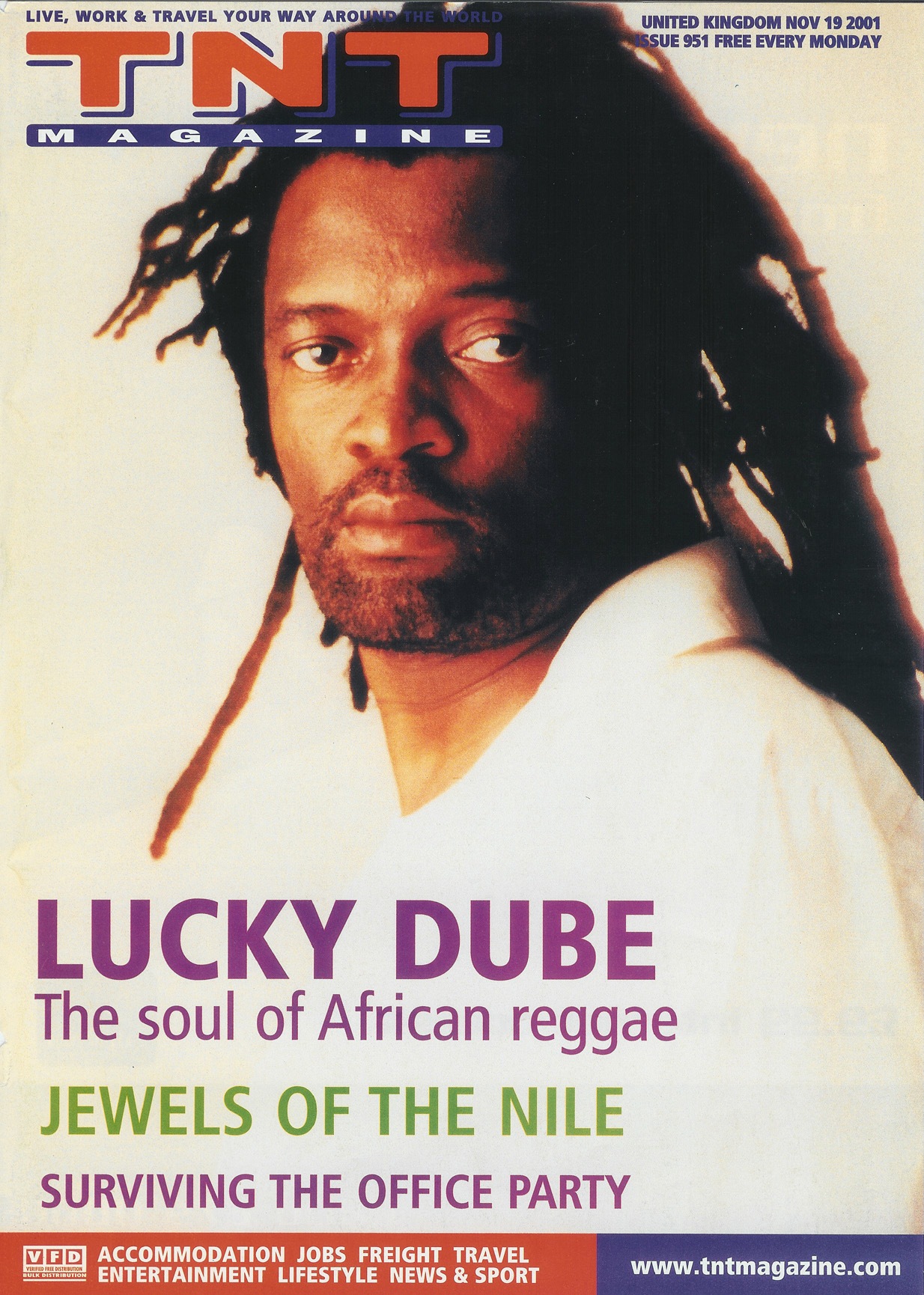TNT Magazine United Kingdom cover from Nov 19, 2001, featuring a close-up portrait of reggae artist Lucky Dube.