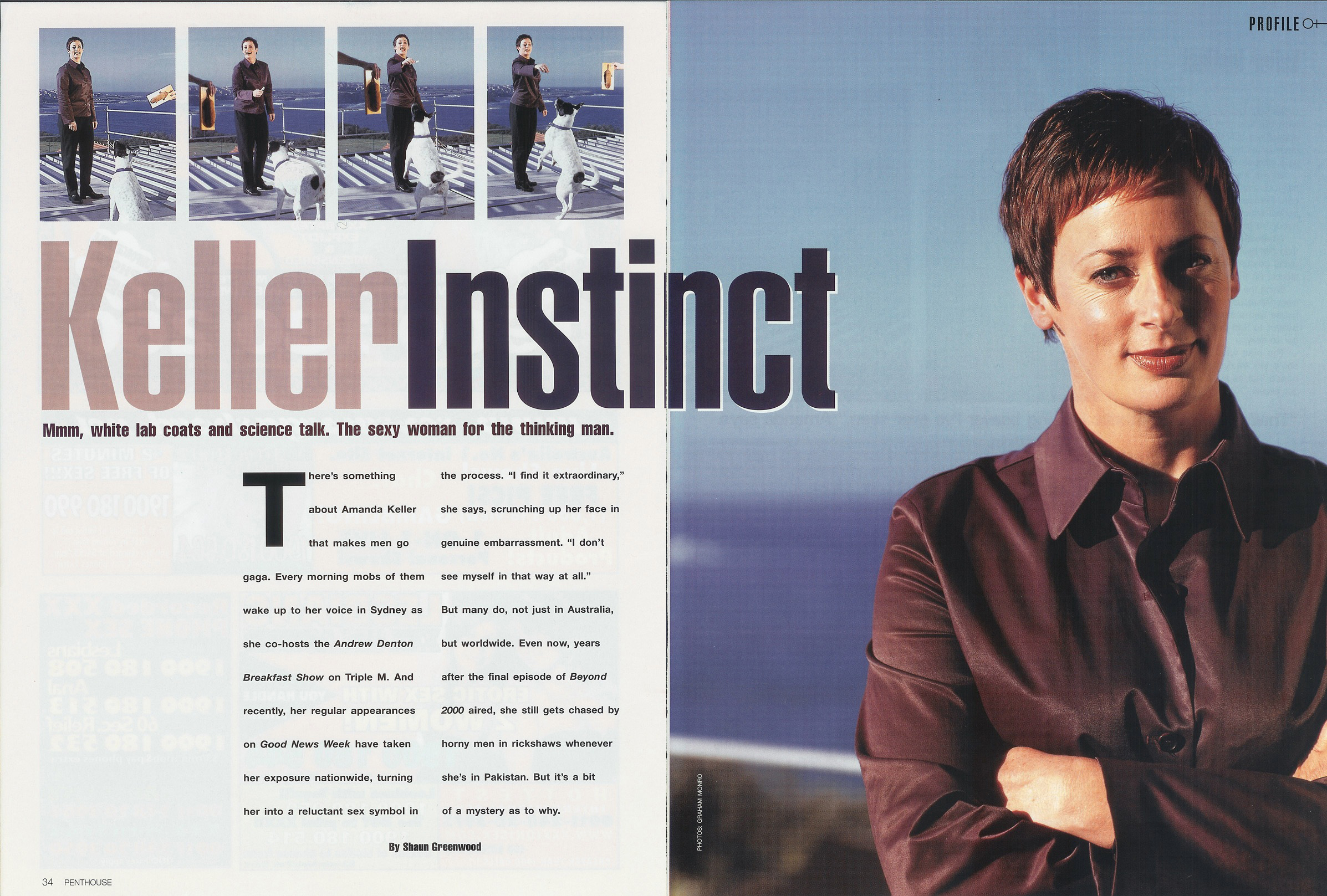 Magazine layout featuring Amanda Keller in a brown shirt and outdoor photos with a dog by the ocean.