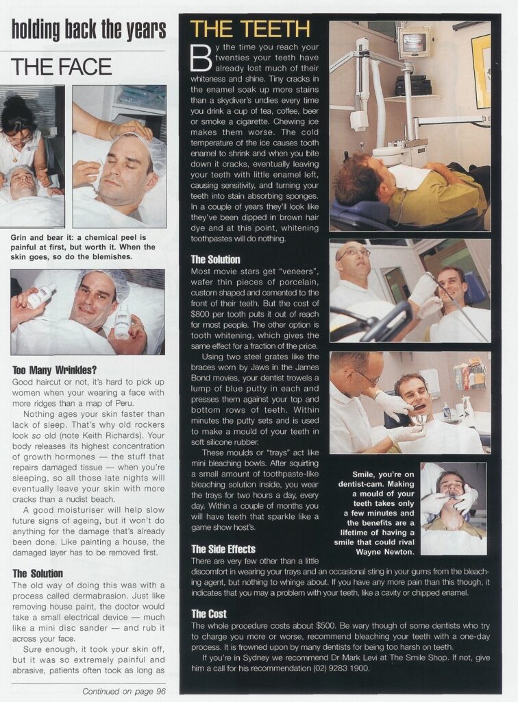 Magazine page detailing chemical peels and dental whitening with clinical procedure images.