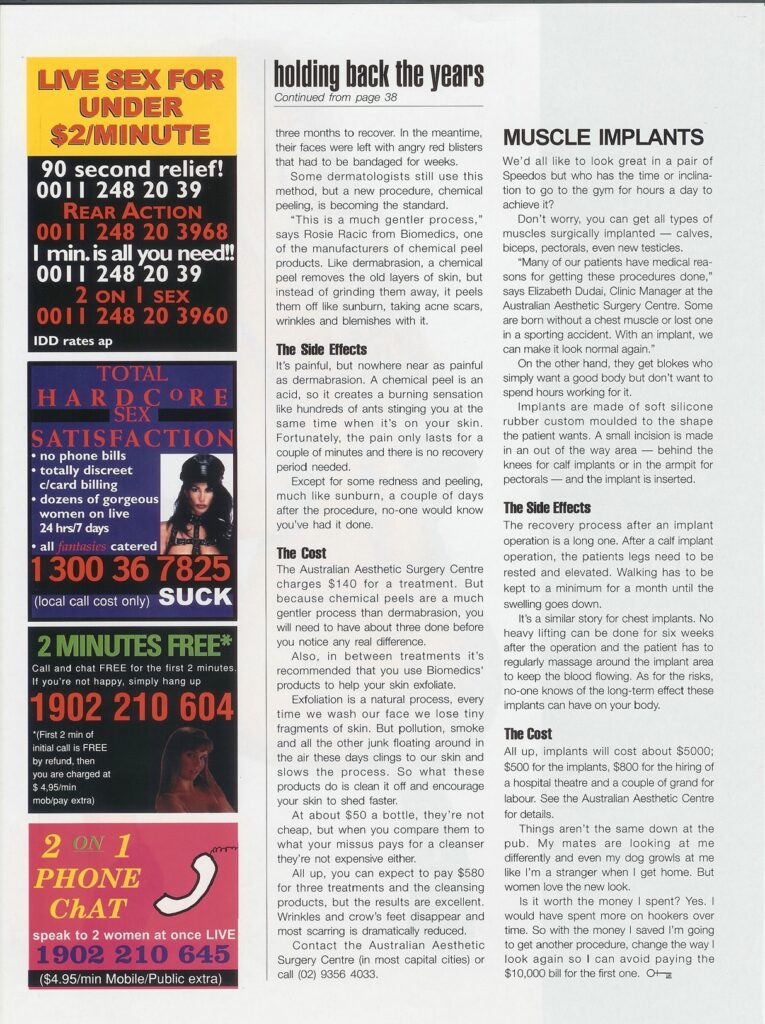 Article conclusion covering chemical peels and muscle implants alongside lifestyle advertisements.