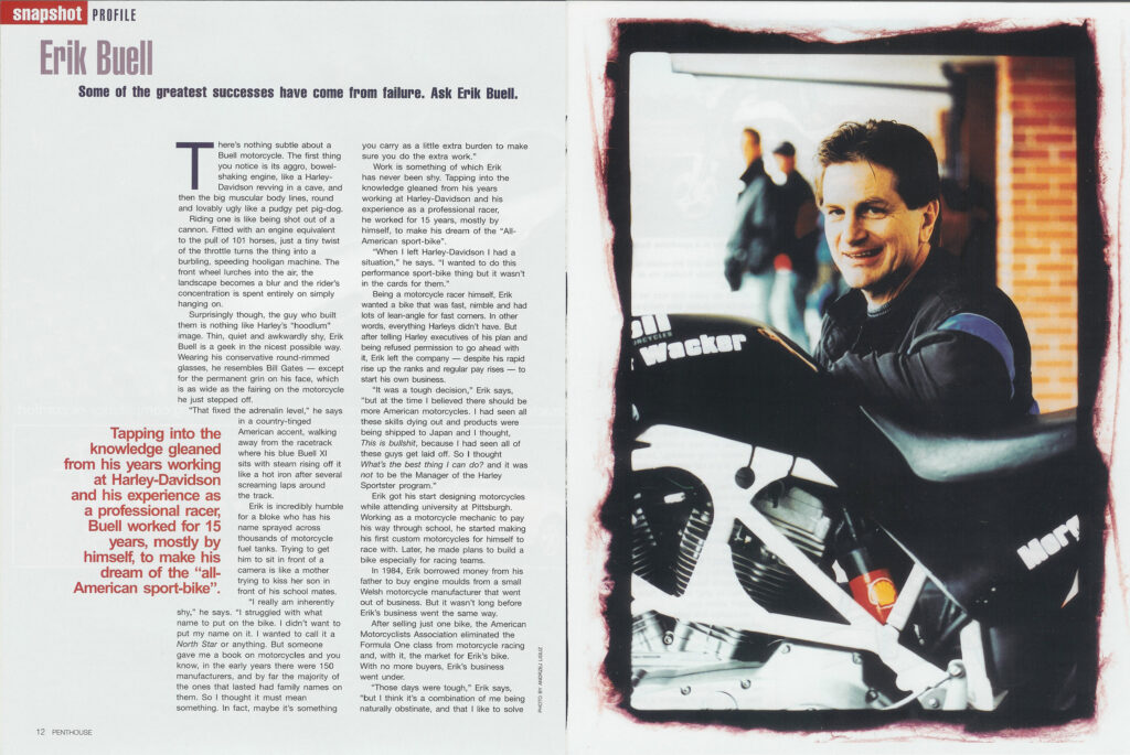 Erik Buell smiling beside a motorcycle with visible engine details, featured in a "snapshot PROFILE" magazine layout.