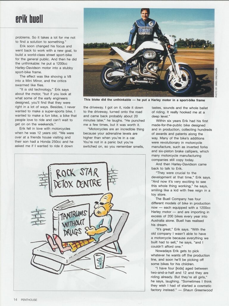 Erik Buell posing with a white Buell sport-bike on a track; below is a cartoon titled "Rock Star Detox Centre."