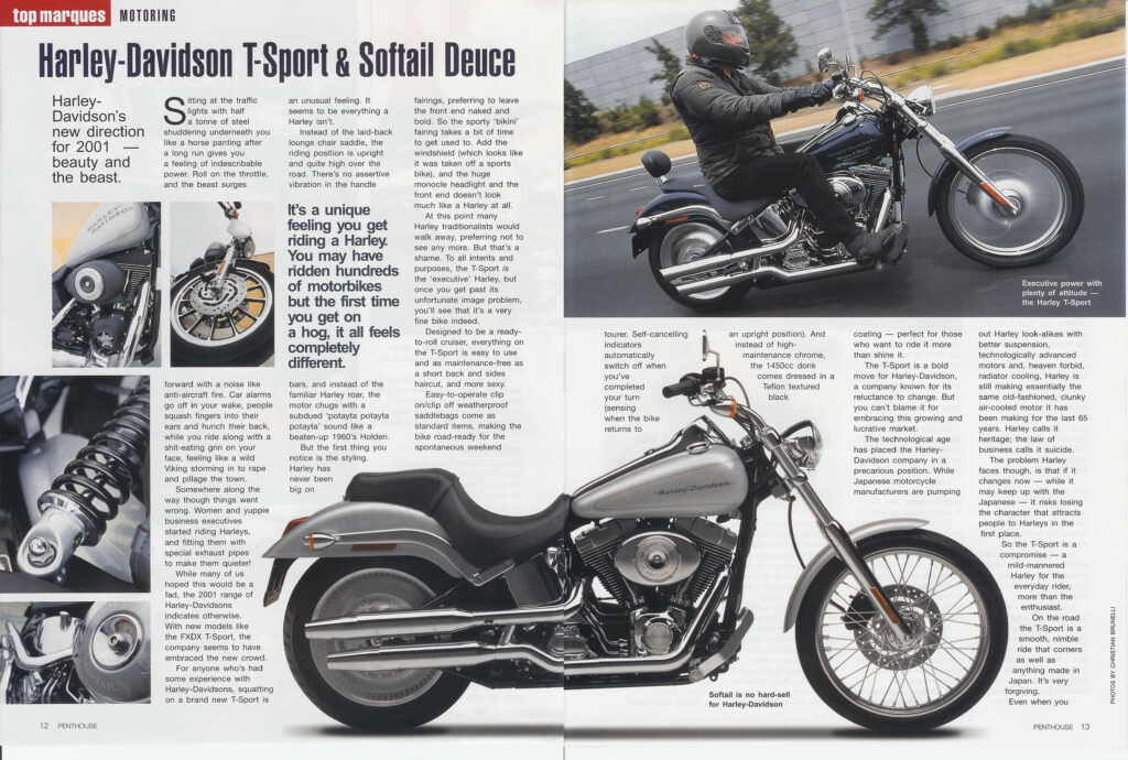 A motorcyclist riding a dark Harley-Davidson T-Sport on a highway, featuring a high windshield and upright riding position.