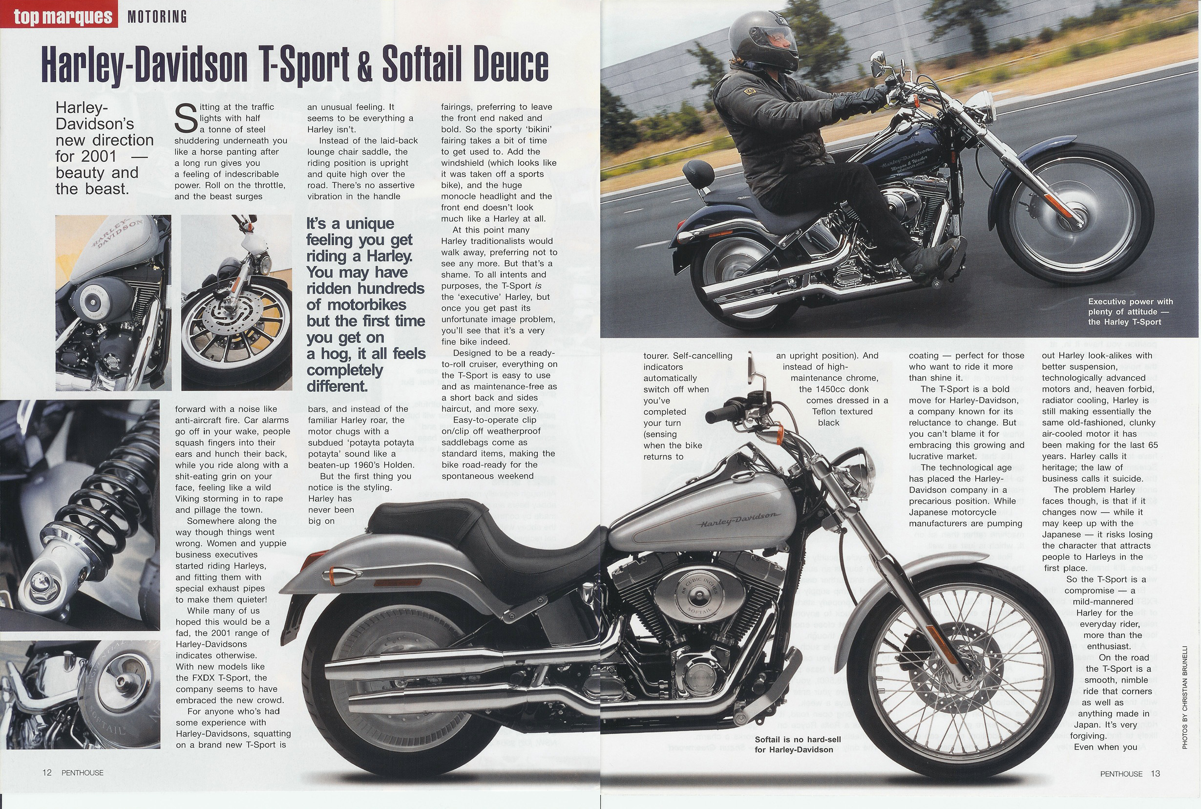 A motorcyclist riding a dark Harley-Davidson T-Sport on a highway, featuring a high windshield and upright riding position.