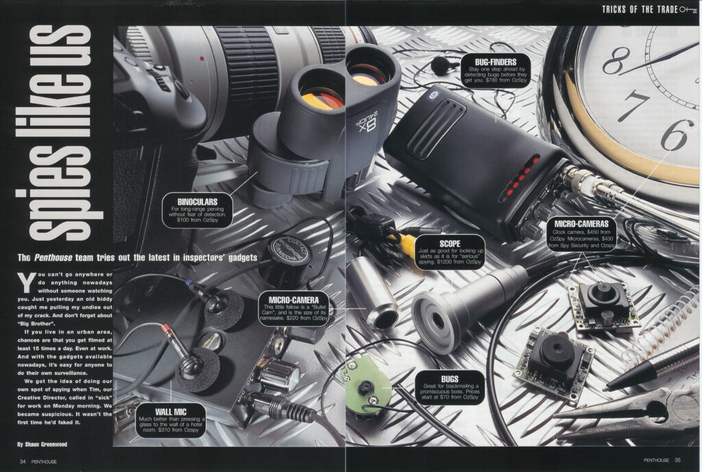 A spread from Penthouse magazine showing various surveillance gadgets like binoculars, a scope, and micro-cameras