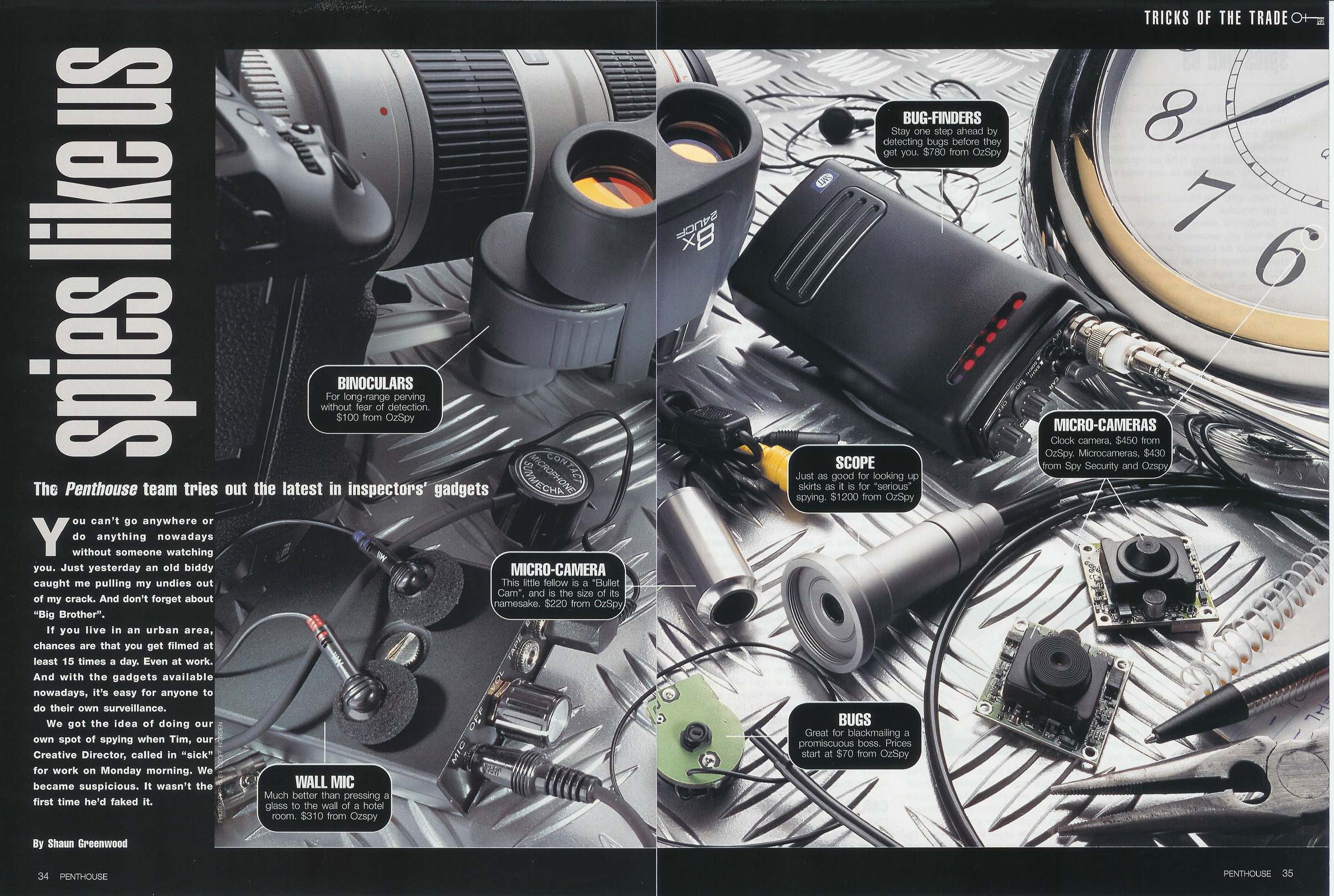 A spread from Penthouse magazine showing various surveillance gadgets like binoculars, a scope, and micro-cameras