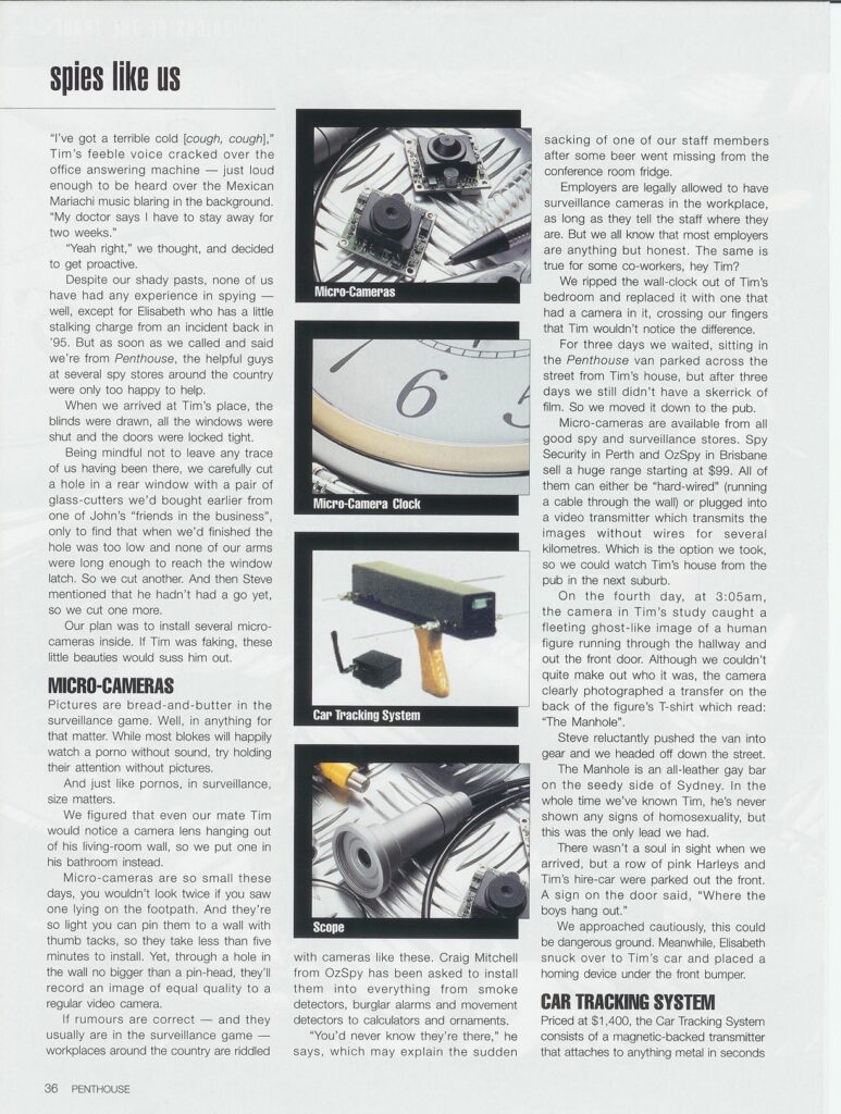 A magazine page with text and photos of micro-cameras, a clock camera, a car tracker, and an optical scope.4