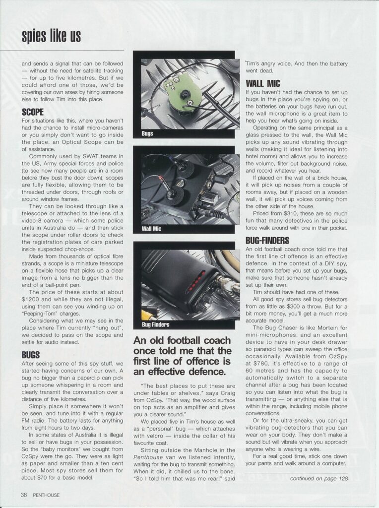 Magazine layout for "spies like us" detailing spy gadgets like bugs, wall mics, and bug-finders with small inset photos.