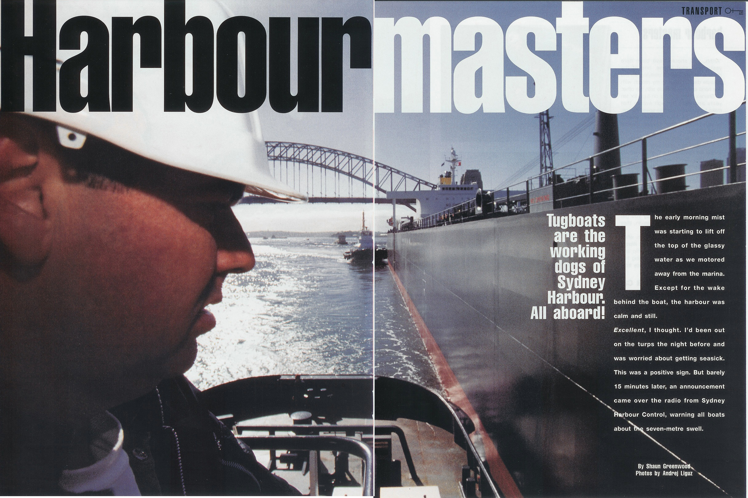 A tugboat crew member in a white hard hat looks out over Sydney Harbour near the Harbor Bridge.