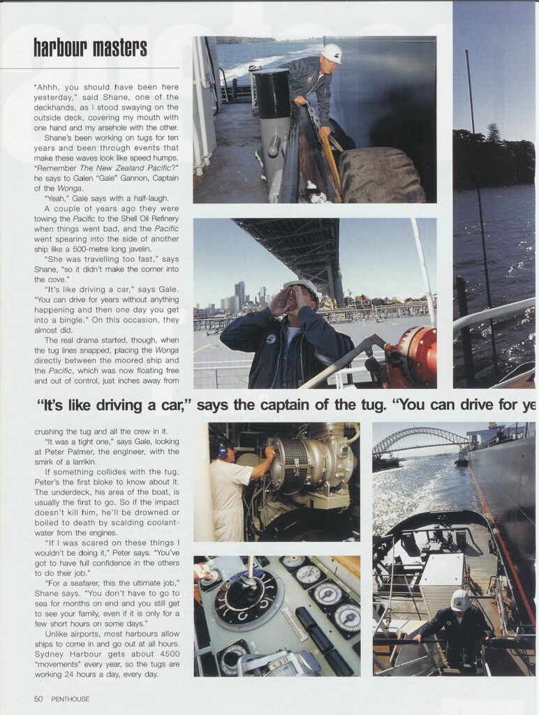 Collage showing tugboat operations, including the engine room, bridge controls, and the Sydney Harbour Bridge.