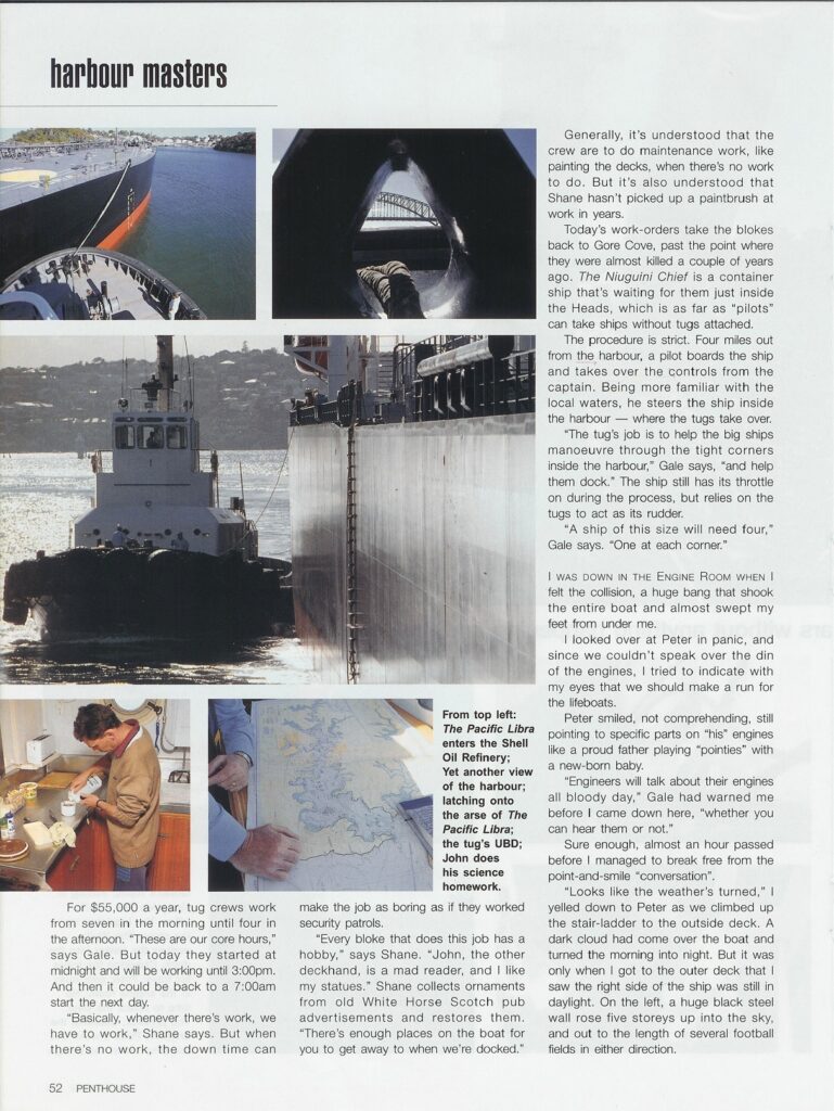 A tugboat maneuvers alongside a large ship; lower panels show a crew member in a galley and a nautical map.