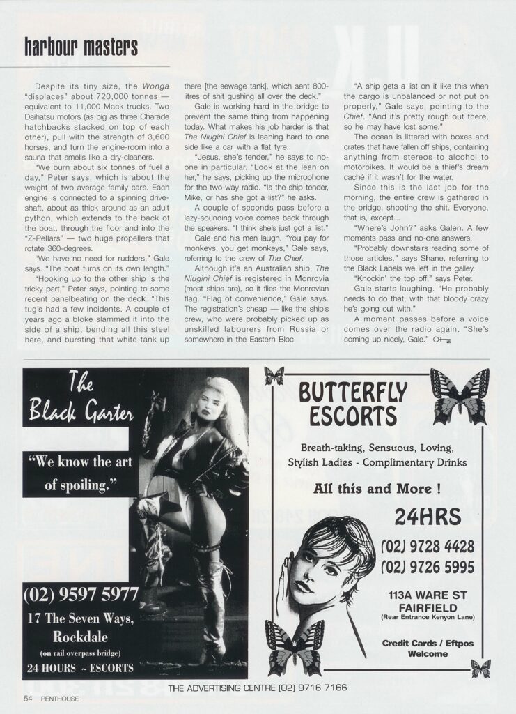 Magazine page with text about "harbour masters" and advertisements for local Sydney escort services.