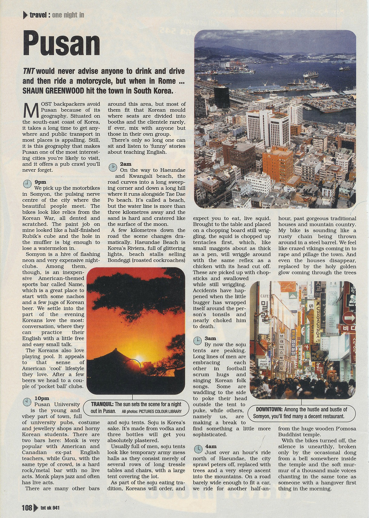 A travel article page titled "one night in Pusan" featuring photos of the harbor, sunset, and downtown.