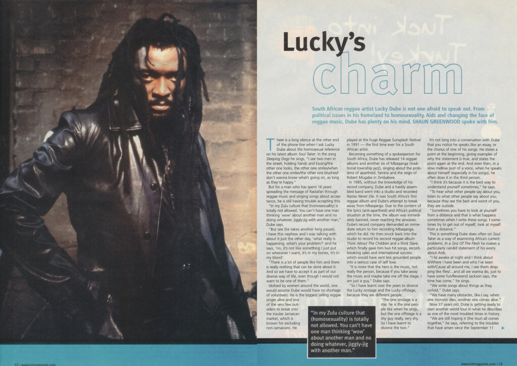 South African reggae artist Lucky Dube in a black leather jacket, featured in a magazine article titled Lucky's Charm.