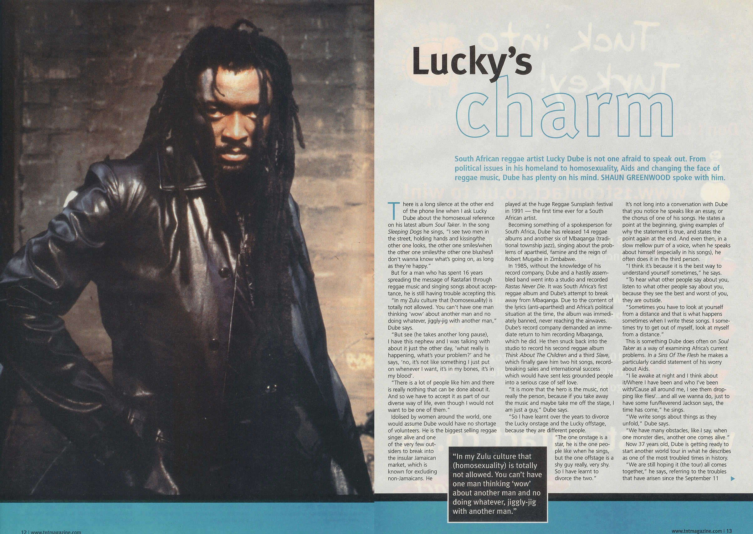 South African reggae artist Lucky Dube in a black leather jacket, featured in a magazine article titled Lucky's Charm.