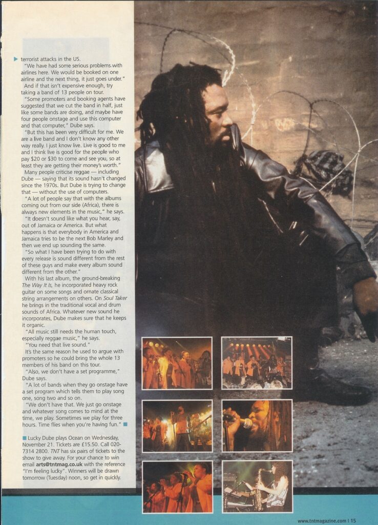 Reggae musician Lucky Dube sitting near barbed wire, with inset photos of his live band performing on stage.